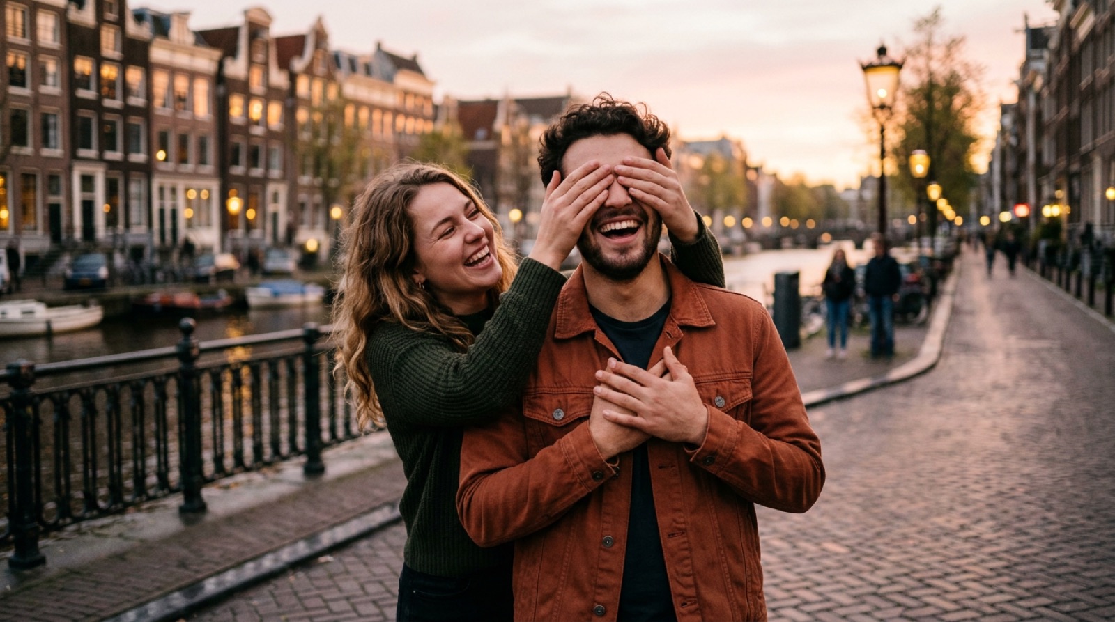 Stel op een verrassingsdate, handen voor de ogen