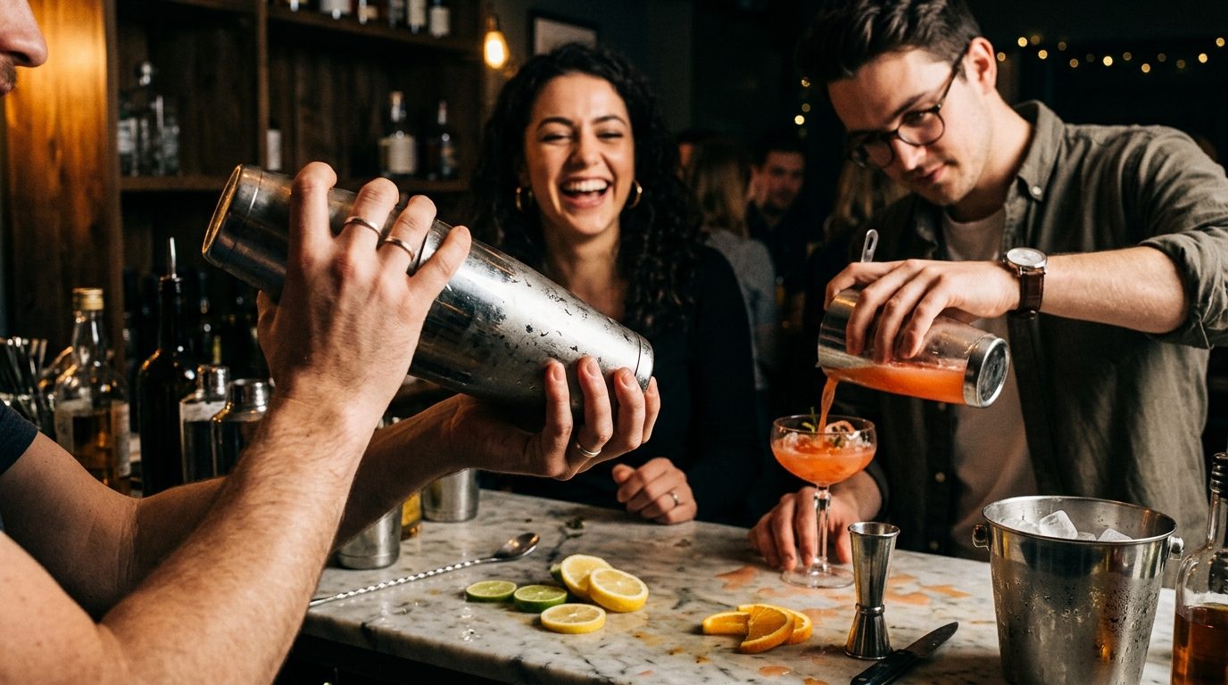 Cocktails schudden tijdens een workshop