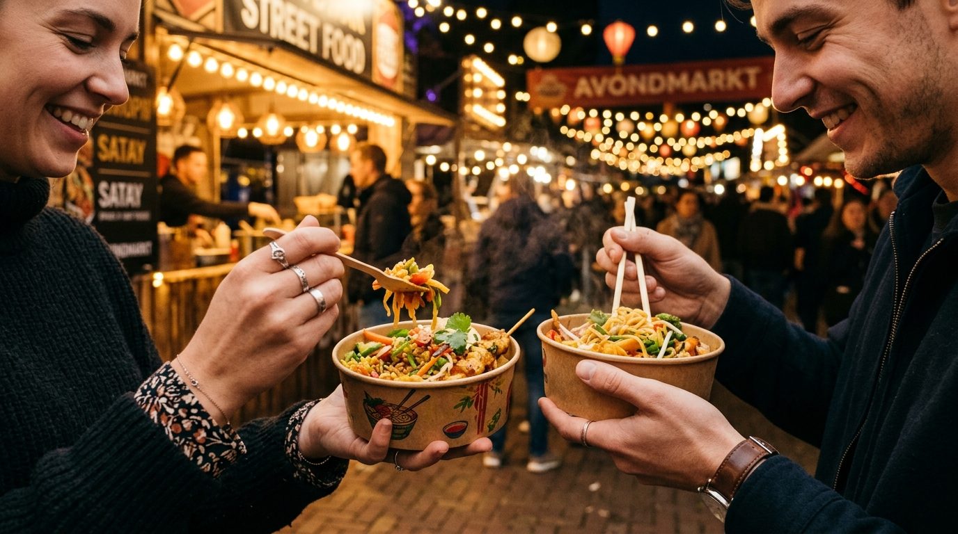 Streetfood delen op de avondmarkt